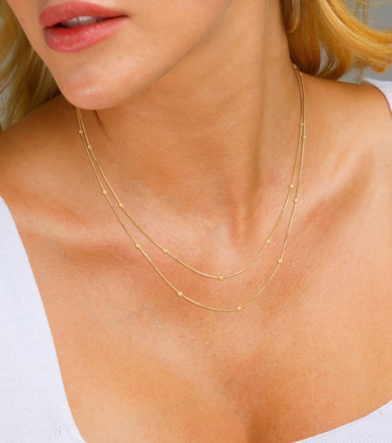 CHESKY 14k Gold Plated Layered Choker Necklace for Women, Dainty Thin Snake Satellite Beads Necklaces Trendy Handmade Double Layering Small Simple Minimalist Jewelry - Image 3