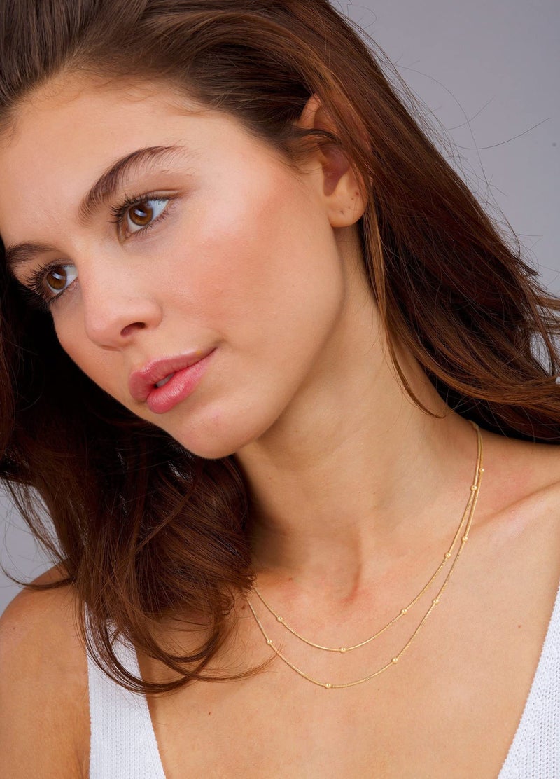 CHESKY 14k Gold Plated Layered Choker Necklace for Women, Dainty Thin Snake Satellite Beads Necklaces Trendy Handmade Double Layering Small Simple Minimalist Jewelry - Image 4