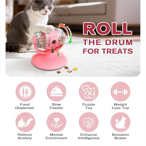 Monotre Cat Slow Feeder Toy, Adjustable Difficulty Puzzle Toy with Rotating Lid - Interactive Mental Stimulation Food Dispenser for Indoor Cats, Slows Down Eating for Dry Food & Treats (Pink) - Image 2