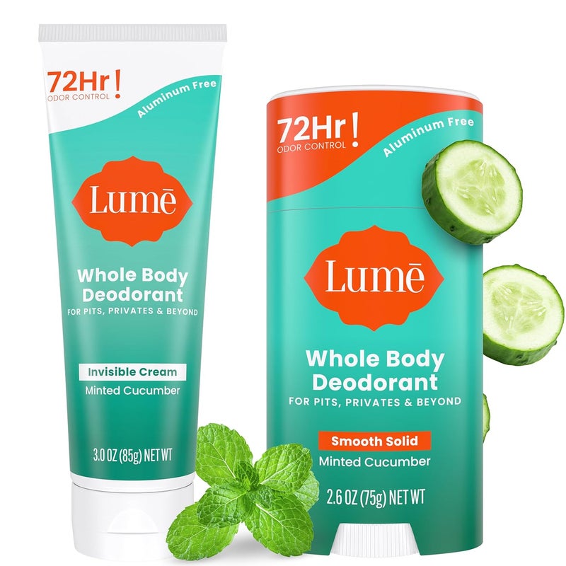 Lume Whole Body Deodorant - Invisible Cream and Solid - 72 Hour Odor Control - Aluminum Free, Baking Soda Free, Skin Safe - 3.0 Ounce Cream and 2.6 Ounce Solid Bundle (Minted Cucumber)