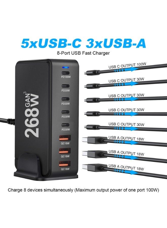 Multi USB Charger, 268W USB C Fast Charger 8Port USB C Plug, Portable USB and Type C Charging Station, Wall Charger Power Strip Adapter Compatible with iPhone/iPad/Airpods/Samsung/Huawei - Image 5