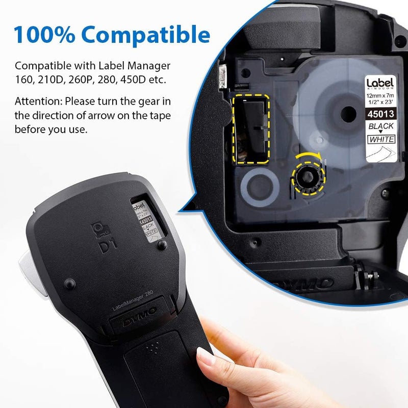 لايبل كينجدوم عبوة من 6 قطع من شريط ملصقات D1 أسود على أبيض، مقاس 12 مم، بديل لطابعة ملصقات Dymo 45013 S0720530، متوافقة مع آلات Dymo Labelmanager Labelwriter - Image 3