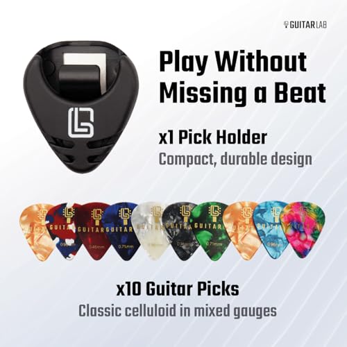 Guitar Lab Guitar Pick Holder with Adhesive Backing – With 10 FREE Celluloid Picks (0.46mm, 0.71mm, 0.96mm), Stocking Stuffer - Guitar Gifts & Father's Day Gift, For Electric, Acoustic, Bass, Ukulele - Image 2