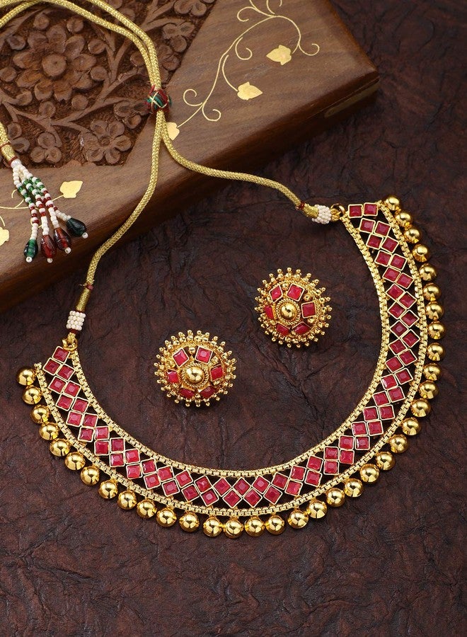 Aheli Ethnic Wedding Party Wear Gold Tone Faux Stone Studded Necklace with Stud Earrings Set Indian Bollywood Fashion Jewelry Gift for Women - Image 2