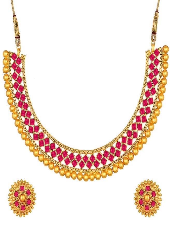 Aheli Ethnic Wedding Party Wear Gold Tone Faux Stone Studded Necklace with Stud Earrings Set Indian Bollywood Fashion Jewelry Gift for Women - Image 1
