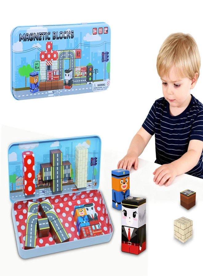 KEGOZ Magnetic Blocks, 35PCS Educational STEM Travel Building Toys for Kids, Portable Magnetic Block with Metal Storage Box, Toddler Learning Toys for Boys Girls 4-8 Birthday Gift (Road Transport) - Image 1