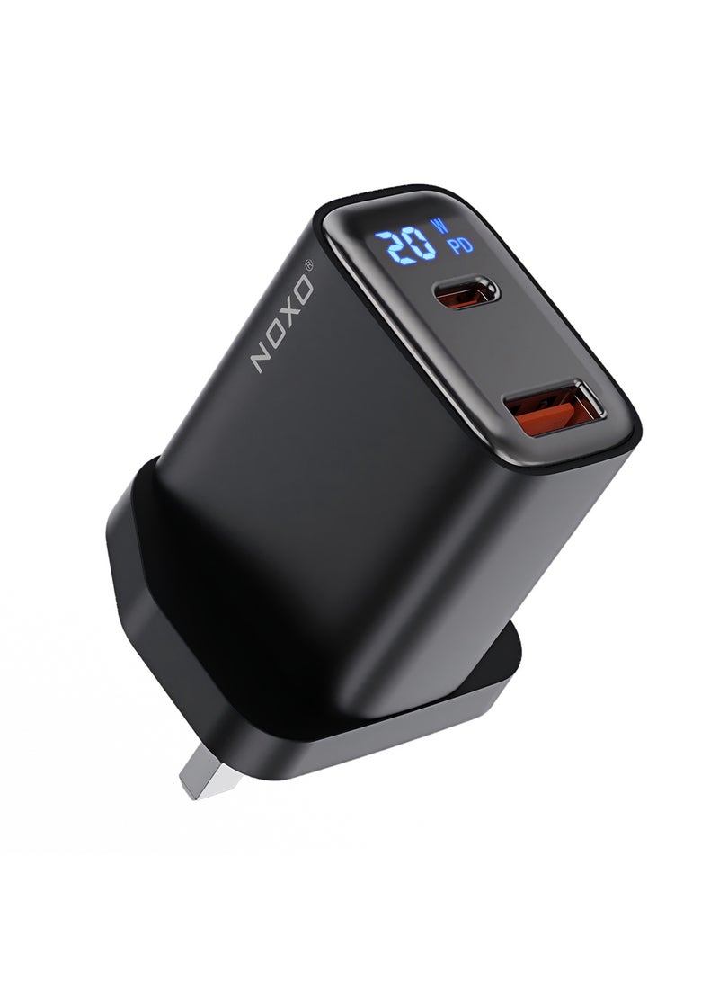 NOXO 20W PD QC3.0 Fast Charger with Digital Display – UK Plug | Dual USB-C & USB-A Port | iPhone & Android Compatible - Grey - Image 3