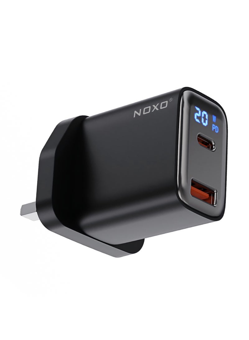 NOXO 20W PD QC3.0 Fast Charger with Digital Display – UK Plug | Dual USB-C & USB-A Port | iPhone & Android Compatible - Grey - Image 4