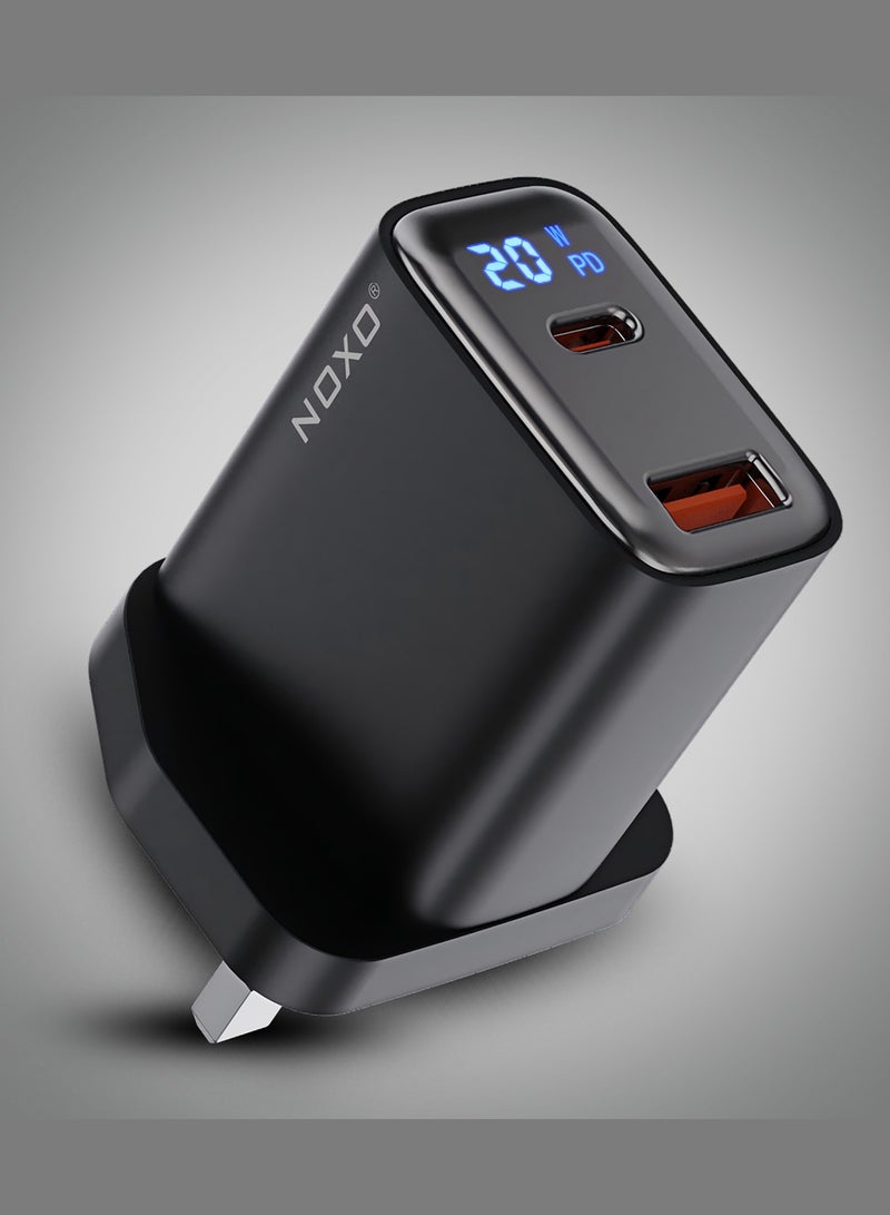 NOXO 20W PD QC3.0 Fast Charger with Digital Display – UK Plug | Dual USB-C & USB-A Port | iPhone & Android Compatible - Grey - Image 1