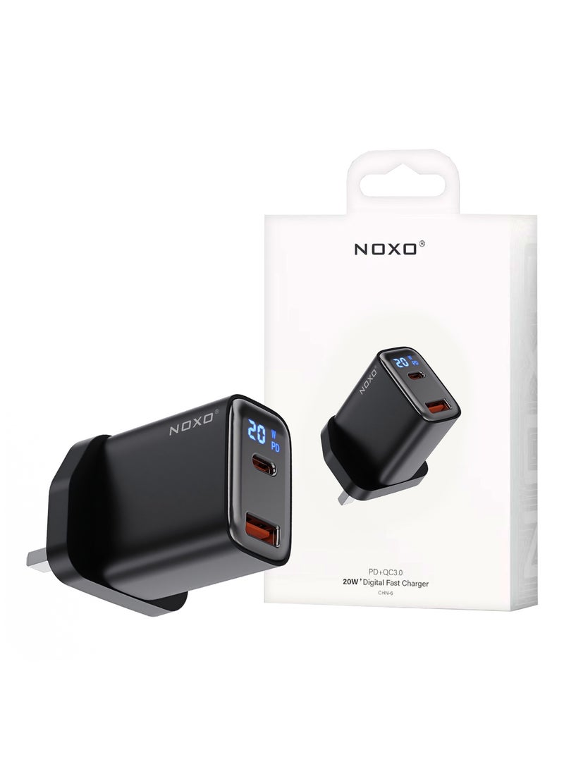 NOXO 20W PD QC3.0 Fast Charger with Digital Display – UK Plug | Dual USB-C & USB-A Port | iPhone & Android Compatible - Grey - Image 5