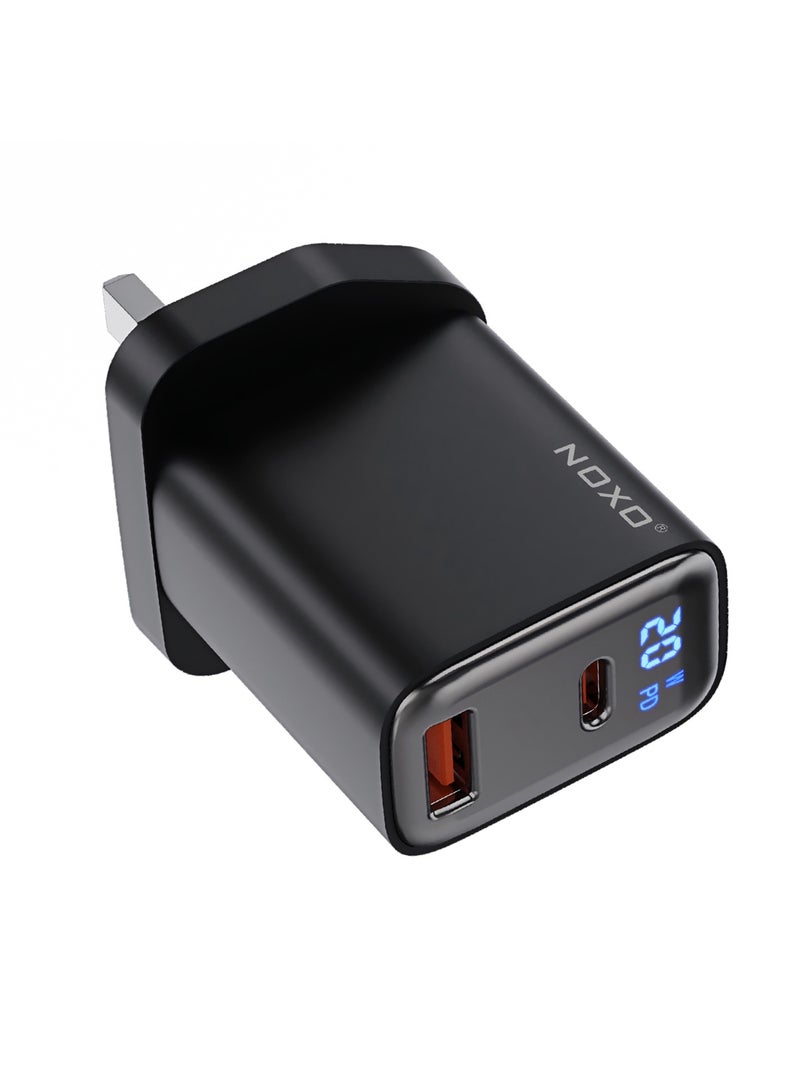 NOXO 20W PD QC3.0 Fast Charger with Digital Display – UK Plug | Dual USB-C & USB-A Port | iPhone & Android Compatible - Grey - Image 2