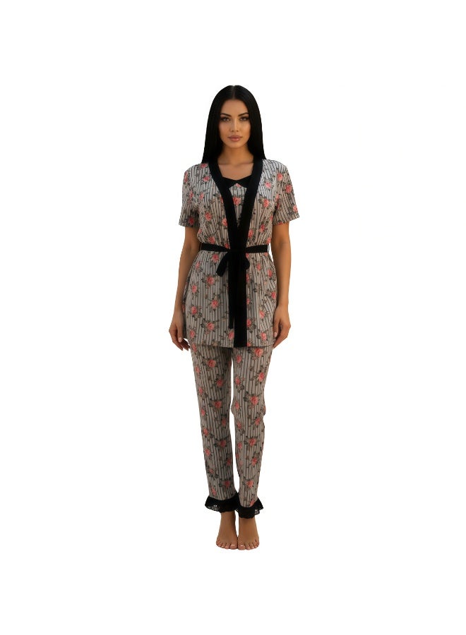 جوانا طقم نوم نسائي مكون من ثلاث قطع يضم روب بنصف كم وتوب حمالات وبنطال، مع حزام خصر قابل للإزالة - وردي غامق - مقاس XL - Image 1