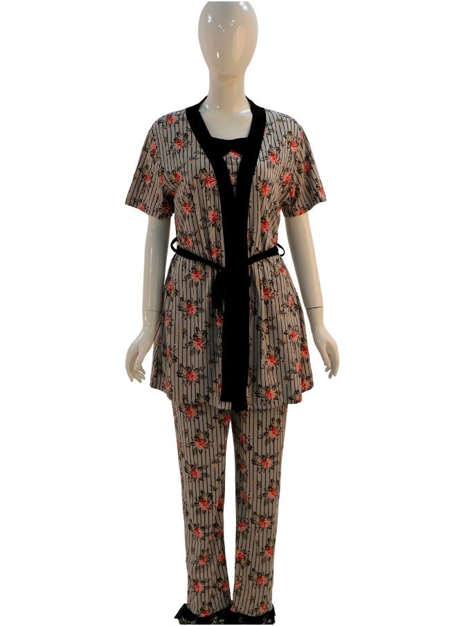 JOANNA JOANNA Women's Short Sleeve Robe Cami & Trouser 3 Pieces Set  Sleepwear with Removable Waist Belt, Dark Rose  - Image 1