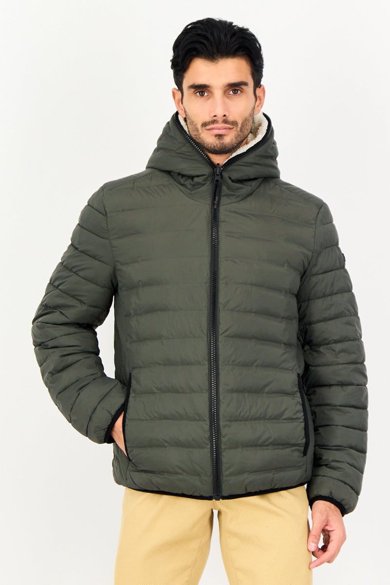 DKNY Men Reversible Quilted Sherpa Jacket, Olive - Image 1