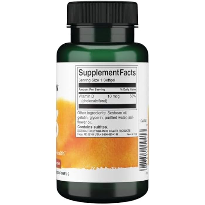 Swanson Vitamin D3 400IU (10 MCG) 250 SGELS - Image 2