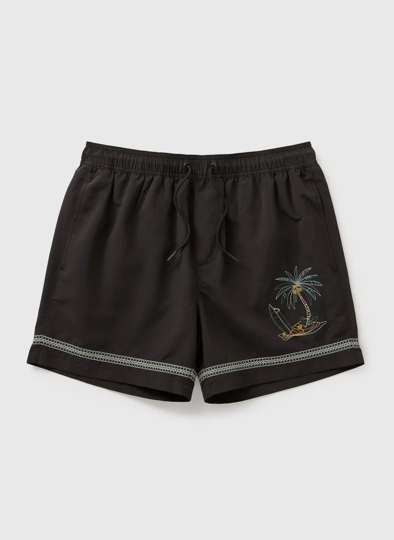 Matalan Black Palm Tree Embroidered Swim Shorts