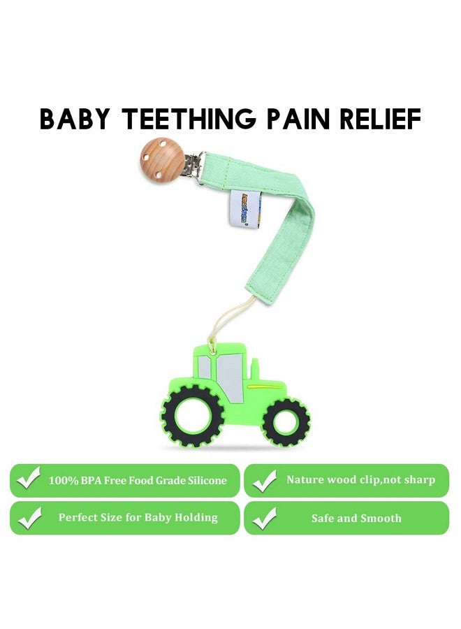 AmazingM Baby Food Grade Silicone Tractor Car Teether Toy with Pacifier clip Holder,Teething Pain Relief Toys Gift Set for 3 Months+ Boys and Girls,Freezer Safe,BPA Free (Green) - Image 3