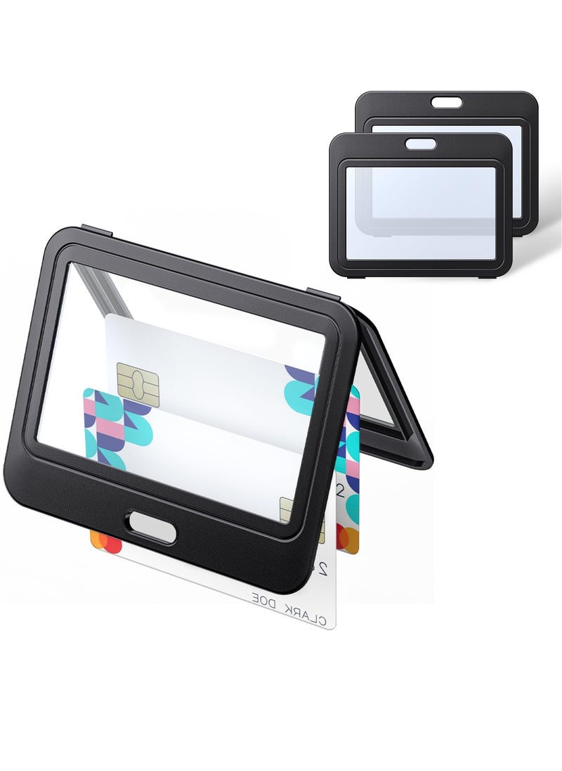 SYOSI 10 Pack ID Badge Holder with Double-Sided Windows Horizontal Hard Plastic Case Black Card Protector Pouch for Office School ID Credit Cards Proximity Key Cards Driver’s Licenses and Passes  - Image 1