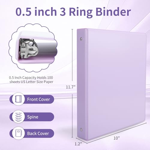 SUQJOY 0.5 inch 3-Ring Binder, 1/2 inch Round Ring Binder with 2 Inside Pockets, Clear View Cover Binders Holds 8.5'' x 11''Paper，Pastel Color Binders for Office/Home/School Supply, 6 Pack - Image 2