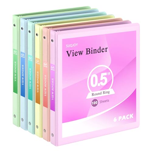 SUQJOY 0.5 inch 3-Ring Binder, 1/2 inch Round Ring Binder with 2 Inside Pockets, Clear View Cover Binders Holds 8.5'' x 11''Paper，Pastel Color Binders for Office/Home/School Supply, 6 Pack - Image 1