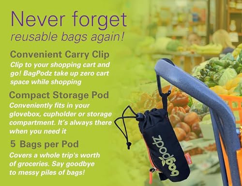 bagpodz Sturdy Reusable Grocery Bags Foldable and Washable - Made From RipStop Nylon Hold 50lbs - Designed in USA Reusable Shopping Bags Inside a Compact Pod with Carry Clip - 5 Pack in Green - Image 5