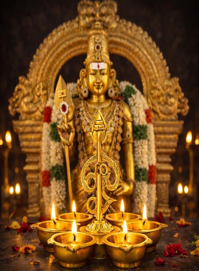 Narayan Bhakti مصباح Narayan Bhakti Arumuga Vel Vilakku النحاسي 6 Diya Deepam لبوجا، معبد المنزل، ديكور ديوالي، كارثيجاي ديبام | أوم فيل موروجان فيلاككو | 6 بوصة | 240 جم - Image 5