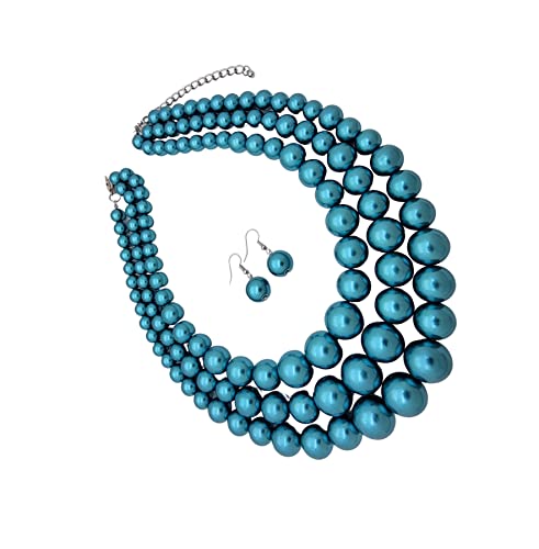 Fashion 21 Women's Faux Pearl Three Multi-Strand Statement Necklace and Earrings Set (Teal) - Image 4