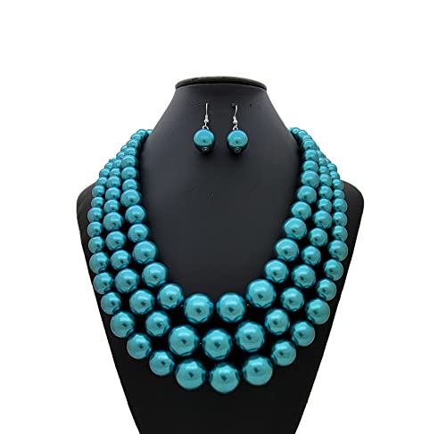 Fashion 21 Women's Faux Pearl Three Multi-Strand Statement Necklace and Earrings Set (Teal) - Image 2