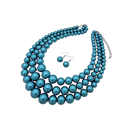 Fashion 21 Women's Faux Pearl Three Multi-Strand Statement Necklace and Earrings Set (Teal) - Image 3
