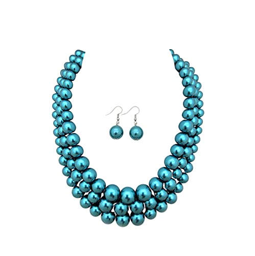 Fashion 21 Women's Faux Pearl Three Multi-Strand Statement Necklace and Earrings Set (Teal) - Image 1