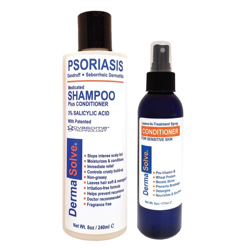 Dermasolve Psoriasis Shampoo and Leave-In Styling Spray Conditioner (Combo Pack) | Detangler for Sensitive Skin, Soothing Anti Dandruff, De-Flake, Dry Scalp Treatment for Seborrheic Dermatitis & Damaged Hair - Image 1