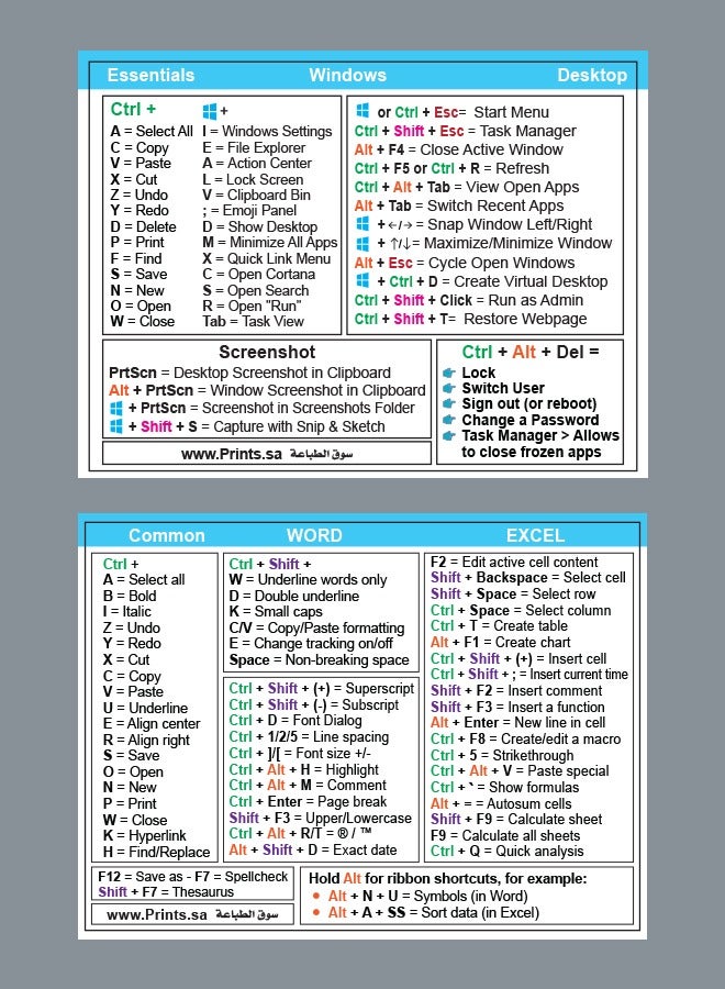 Prints Set of 2 English Keyboard Shortcuts Stickers – Windows + Excel & Word – Waterproof – For Laptops – Boost Productivity 
