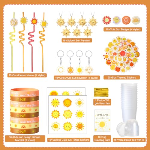Remuuly 179 Pcs First Trip Around the Sun Bohemian Hippie Sunshine Theme Party Tableware Includes Cups Straw Sticker Keychain Bracelet Pendant Badges for Baby Shower Birthday Party Gifts Serves 16 - Image 5