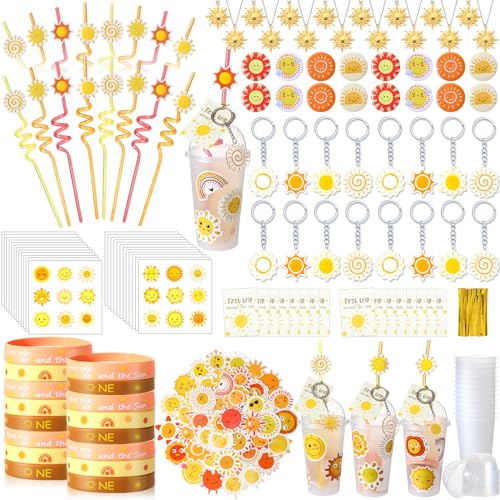 Remuuly 179 Pcs First Trip Around the Sun Bohemian Hippie Sunshine Theme Party Tableware Includes Cups Straw Sticker Keychain Bracelet Pendant Badges for Baby Shower Birthday Party Gifts Serves 16 - Image 1