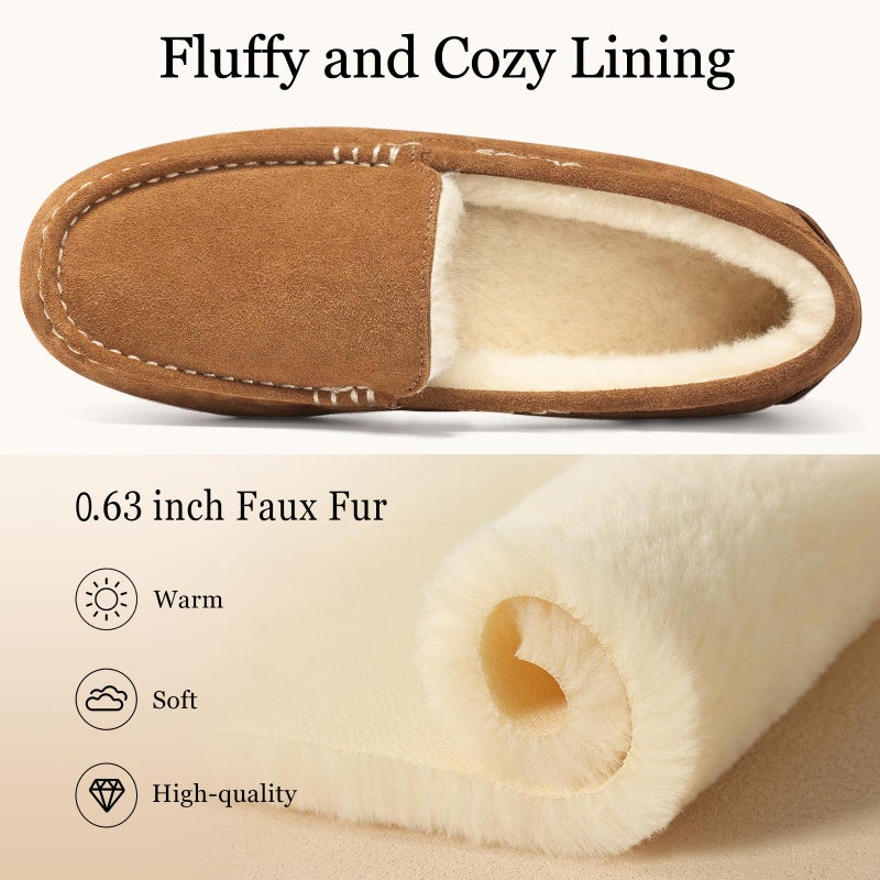 KIDMI Women's Genuine Suede Moccasin Slippers Fluffy Cozy House Shoes with Soft Sole Indoor/Outdoor, Chestnut 40 - Image 4