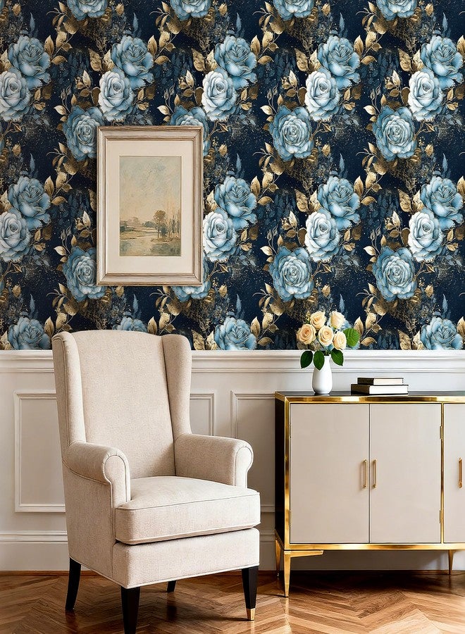 HelloWall Navy Blue and Gold Floral Wallpaper Peel and Stick Vintage Dark Blue Wallpaper with Metallic Gold Accent Dark Academia Moody Luxury Floral Contact Paper Drawer Liner Easy Removable 17.5x80" Hellowall - Image 2