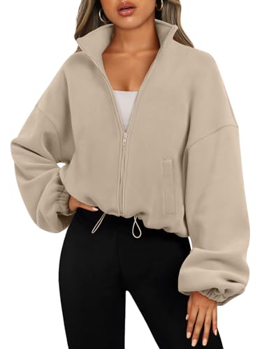 AUTOMET Womens Fleece Jackets Zip Up Oversized Sweatshirts Winter Clothes Long Sleeve Crop Sherpa Fall Outfits Fashion Khaki L - Image 1