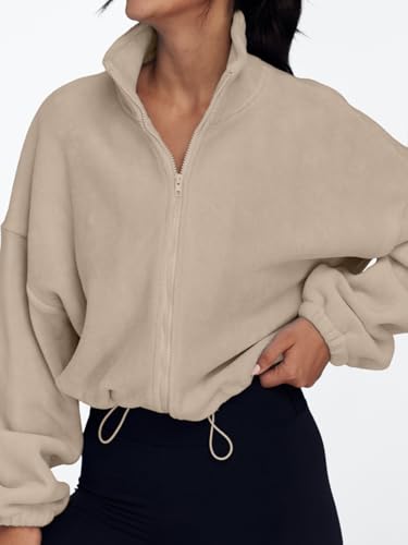 AUTOMET Womens Fleece Jackets Zip Up Oversized Sweatshirts Winter Clothes Long Sleeve Crop Sherpa Fall Outfits Fashion Khaki L - Image 2