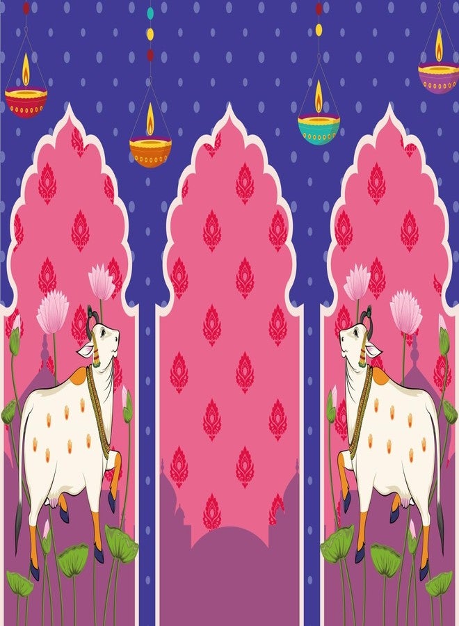 BELECO 7x5ft Fabric Indian Backdrop Lotus Flowers Cows Pooja Pichwai Background for Traditional Indian Pooja Wedding Housewarming Diwali Ganapati Festival Party Decorations Banner Photo Props - Image 3