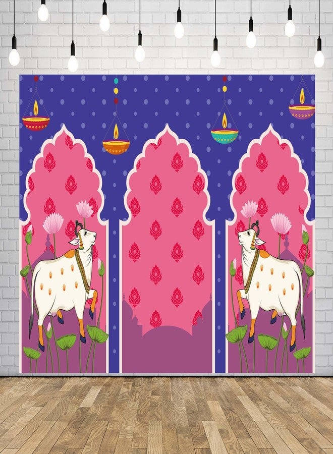 BELECO 7x5ft Fabric Indian Backdrop Lotus Flowers Cows Pooja Pichwai Background for Traditional Indian Pooja Wedding Housewarming Diwali Ganapati Festival Party Decorations Banner Photo Props - Image 2