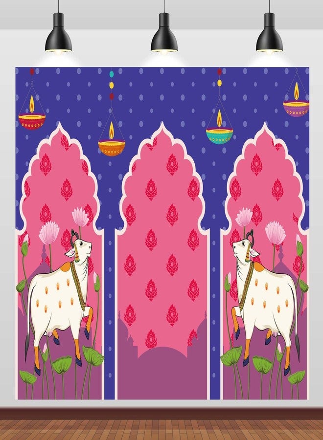 BELECO 7x5ft Fabric Indian Backdrop Lotus Flowers Cows Pooja Pichwai Background for Traditional Indian Pooja Wedding Housewarming Diwali Ganapati Festival Party Decorations Banner Photo Props - Image 1
