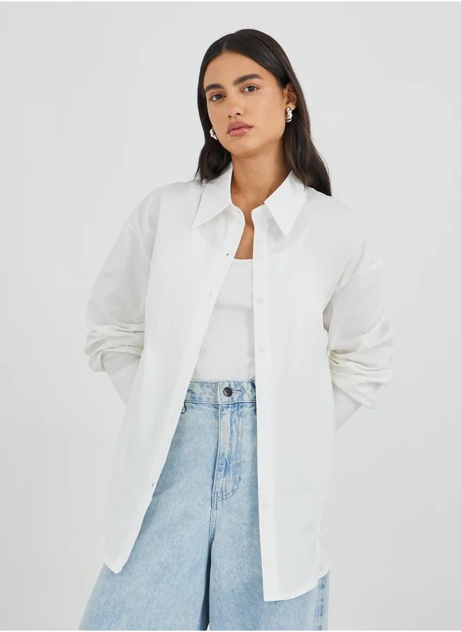 ستايلي Styli Solid Spread Collar Long Sleeve Shirt