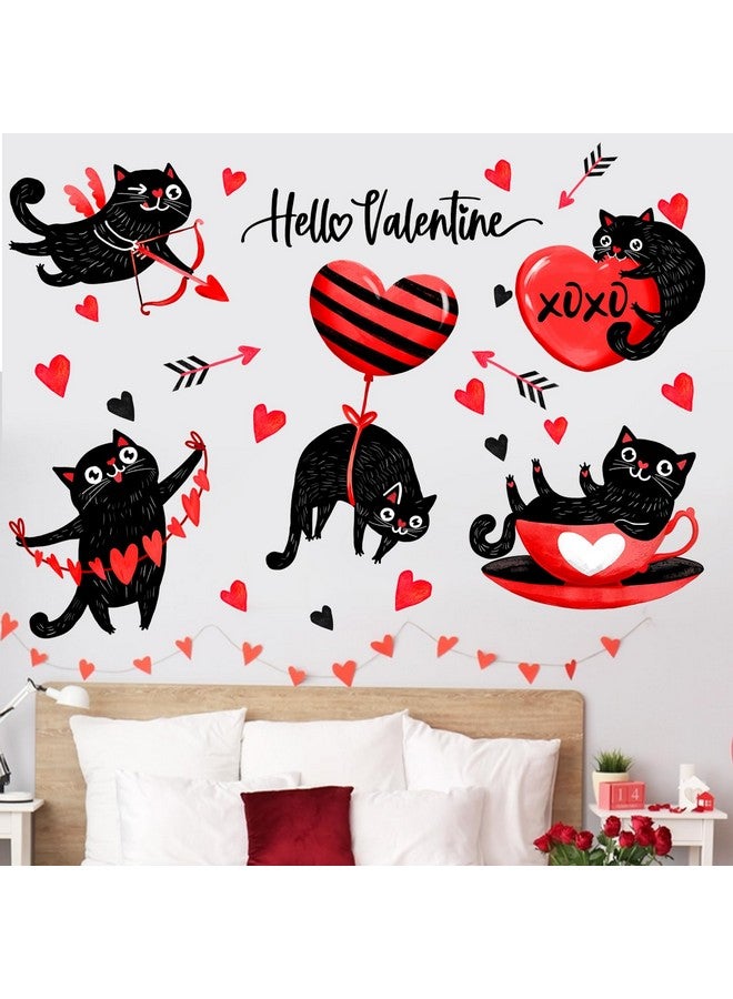 Mfault Hello Valentine Black Cat Wall Decals Stickers, Valentine's Day Red Love Kitty Heart Decorations Bedroom Art, Cupid's Arrow Kitten Anniversary Wedding Home Kitchen Decor Holiday Gifts - Image 3