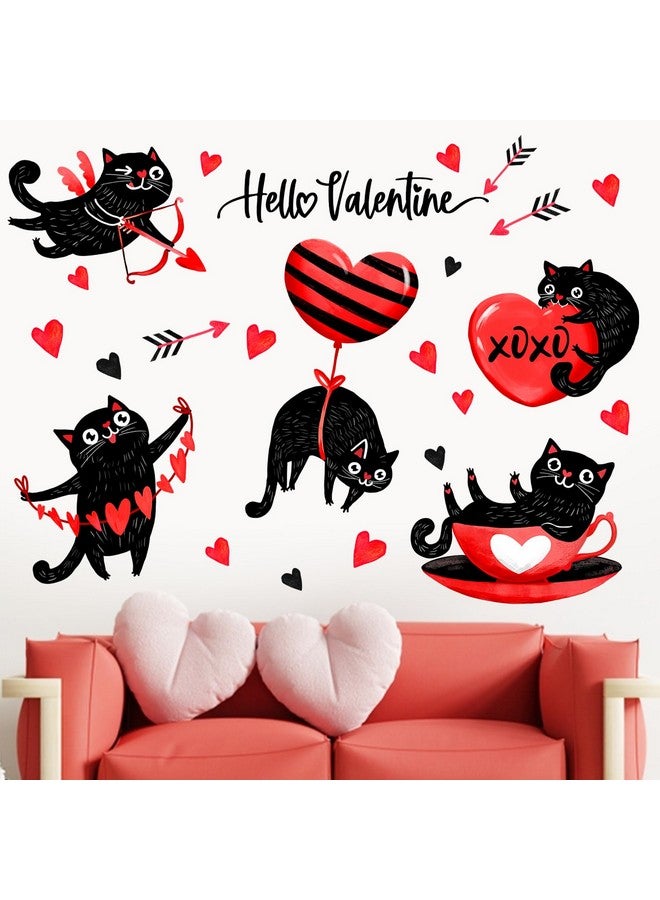 Mfault Hello Valentine Black Cat Wall Decals Stickers, Valentine's Day Red Love Kitty Heart Decorations Bedroom Art, Cupid's Arrow Kitten Anniversary Wedding Home Kitchen Decor Holiday Gifts - Image 1