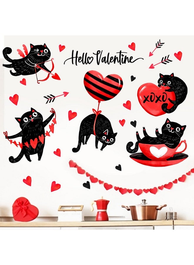 Mfault Hello Valentine Black Cat Wall Decals Stickers, Valentine's Day Red Love Kitty Heart Decorations Bedroom Art, Cupid's Arrow Kitten Anniversary Wedding Home Kitchen Decor Holiday Gifts - Image 4
