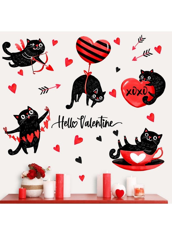 Mfault Hello Valentine Black Cat Wall Decals Stickers, Valentine's Day Red Love Kitty Heart Decorations Bedroom Art, Cupid's Arrow Kitten Anniversary Wedding Home Kitchen Decor Holiday Gifts - Image 5