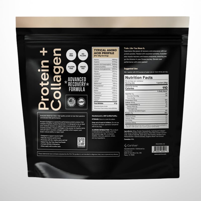 CorVive Protein  Collagen Powder  23g Protein GrassFed Whey  Collagen  37g BCAAs  Supports Muscle  Joint Health  Gluten  Soy Free  No Artificial Ingredients  15 Sachets  Vanilla - Image 2