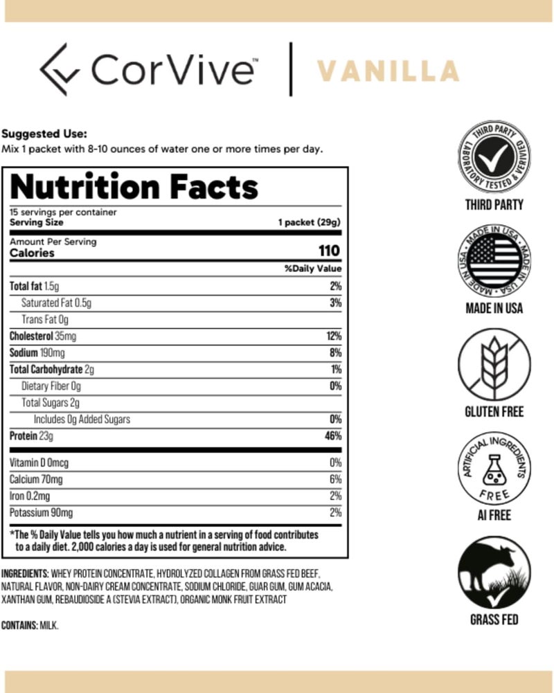 CorVive Protein  Collagen Powder  23g Protein GrassFed Whey  Collagen  37g BCAAs  Supports Muscle  Joint Health  Gluten  Soy Free  No Artificial Ingredients  15 Sachets  Vanilla - Image 4