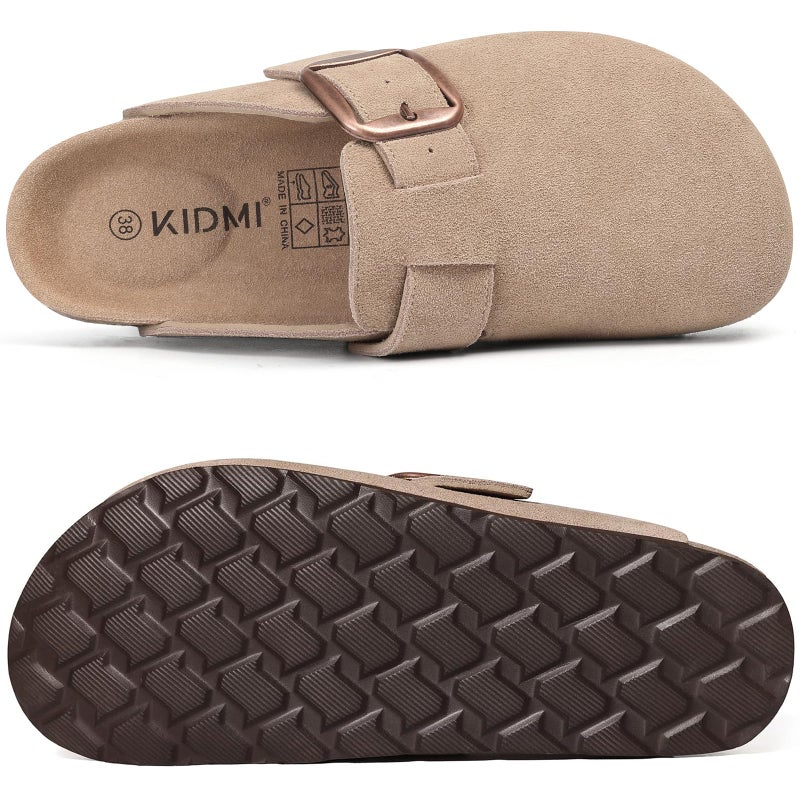 KIDMI Genuine Suede Clogs for Women Memory Foam Cork Footbed Potato Shoes Slip On Leather Mules with Big Buckle, Taupe Size 8.5-9 (40) - Image 3