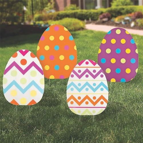 Fun Express Jumbo Easter Eggs Yard Signs 4Pack Large 18x245 Outdoor Easter Decorations with Stakes WeatherResistant Egg Hunt Signs for Front Yard Lawn Garden Party Decor - Image 1